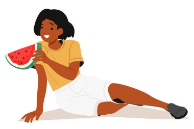 Genç kadın çizgi film karakteri beyaz arka planda izole edilmiş olgun karpuz mevsimlik meyve yiyor. Kadın şahıs yaz tatilinde dışarıda piknik yapmaktan zevk alıyor.