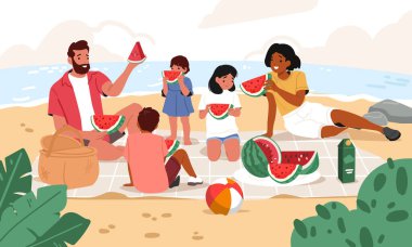 Plaj karikatür sahnesinde yaz aile pikniği mutlu ebeveynler ve çocukların karpuz yediği meyve suyu içtiği ve birlikte dinlendiği. Mevsimsel açık hava eğlence etkinliği vektör çizimi