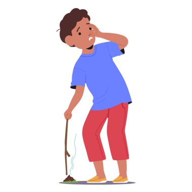 Küçük çocuk çizgi film karakteri insan sağduyusunu dışkıyı sopayla eşelediğini gösteriyor. Beyazda izole edilmiş iğrenme duygusu. Eğitim vektörü illüstrasyonu için okul çalışma kartı şablonu