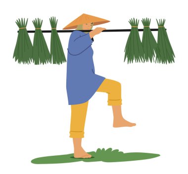 Asyalı çiftçi çizgi film karakteri taze yeşil bitki hasadıyla birlikte kırsal alanda asılı duruyor. Doğulu tarım uzmanı tarımsal alan vektör illüstrasyonunda ürün topluyor