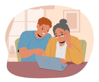 Genç torun, yaşlı büyükannesine dizüstü bilgisayar ve internet teknolojisi karikatürü kullanmayı öğretiyor. İnternette gezinen, e-posta gönderen, sosyal ağ vektör illüstrasyonunda sohbet eden çocuk