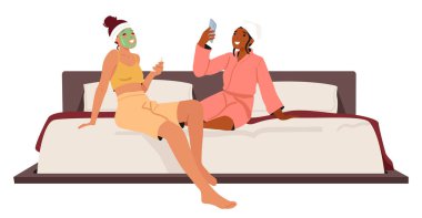 Evdeki pijama partisini kutlayan iki kadın en iyi arkadaş çizgi film karakteri spa prosedürünün tadını çıkarıyor. Genç kızlar birlikte oturup telefon vektörü illüstrasyonunda sosyal medya için resim çekiyorlar.