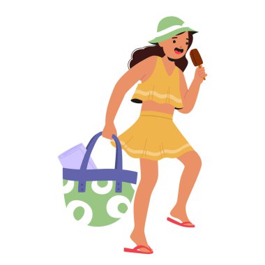 Güzel kız çocuk çizgi film karakteri çanta taşıyor dondurma yiyor ve beyaz arka planda izole bir şekilde sahile gidiyor. Mutlu çocukluk, aktif yaz tatili deniz kıyısında vektör illüstrasyonunda