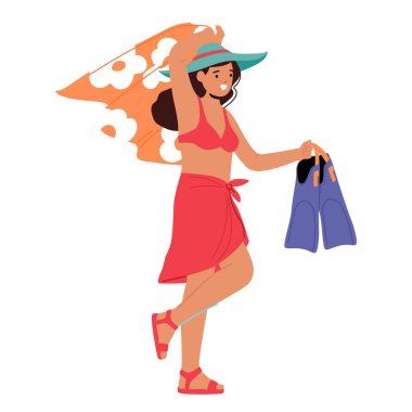 Genç kadın çizgi film karakteri, beyaz arka planda izole edilmiş tropikal plajda mutlu ve heyecanlı bir yaz tatili geçiriyor. Çekici bayan turist elinde palet vektör illüstrasyonuyla