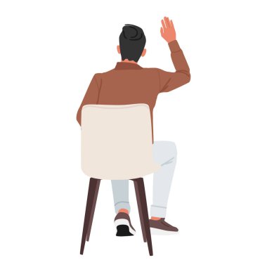 Aktif iş adamı çizgi film karakterinin beyaz arka planda izole bir şekilde sandalyeye otururken el kaldırması. Erkek girişimci iş eğitimi kursu vektör çizimine katılıyor