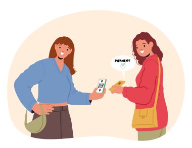 Ödeme başarısını kontrol eden iki genç bayan müşteri akıllı telefon cihazları karikatür sahnesini kullanarak QR kodunu tarıyor. Modern teknoloji vektör çizimi ile finansal işlem yapan kadın karakterler
