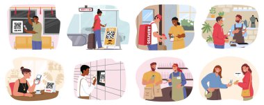 İnsanlar QR kodunu akıllı telefondan tarayıp toplu taşıma, dükkan, kafe, restoran, alım yapmak, taksi çağırmak ve teslimat servisi karikatür sahnesi için ödeme yapmak için vektör çizimi