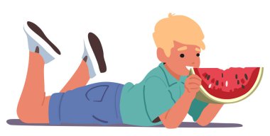 Tatlı çocuk sulu karpuz yiyor ve beyaz arka planda izole halde yerde uzanmış lezzetli yaz yemeklerini yiyor. Komik erkek çocuk çizgi film karakteri sağlıklı atıştırmalık vektör çizimi yapıyor.