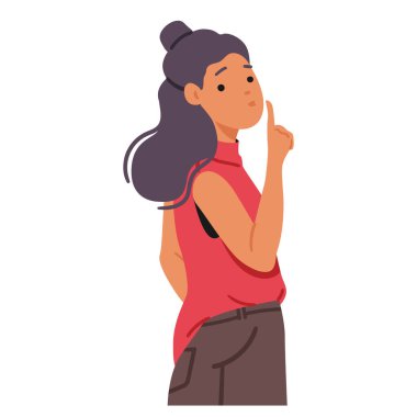 Genç ve şık bir kadın çizgi film karakteri uyarısı sessiz durması için el işaretine dikkat edin beyaz arka planda izole edilmiş dudaklara parmak koyun. Çekici kız sus vektör illüstrasyonu diyor.