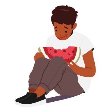 Aç çocuk çizgi film karakteri karpuz yemiş elinde tatlı yiyecek dilimleri beyaz arka planda izole bir şekilde oturuyor. Çocuk vektör illüstrasyonu için taze yaz besin menüsü