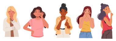 Güzel kadın çizgi film karakterleri sessiz hareketler yapıp sessiz kalıyorlar. Sır ve mahremiyet tutuyorlar. Beyaz arka planda izole edilmiş çenelerini kapatmalarını istiyorlar. Dişiler dedikoduları ve söylentileri durdurur.