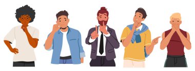 Farklı gençler çizgi film karakterleri dilsiz işareti yapıyor, sessiz kalıyorlar ve beyaz arka planda sessiz kalıyorlar. Duygulu adamlar sessiz olun diye el kol hareketi yapıyorlar.