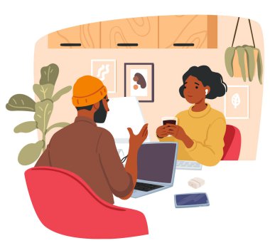 Erkek ve kadın iş arkadaşları birlikte çalışarak evlerinde rahat bir çizgi film sahnesini paylaşıyorlar. Çevrimiçi iş projesi illüstrasyonunu tartışan çeşitli serbest çalışan meslektaşlar