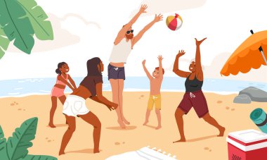 Plaj voleybolu oynayan mutlu aile karakterleri tropik deniz manzarasında dinlenirken birbirlerine top atıyorlar. Tatil yeri illüstrasyonunda turistler için eğlenceli aktif eğlence