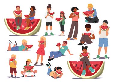 Tatlı çocuklar sulu karpuz yiyorlar beyaz arka planda izole edilmiş yaz meyve çizgi film setleri. Aç küçük kızlar ve oğlanlar doğal vitaminlerin tadını çıkarıyorlar.