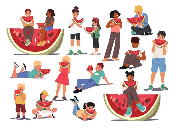 Tatlı çocuklar sulu karpuz yiyorlar beyaz arka planda izole edilmiş yaz meyve çizgi film setleri. Aç küçük kızlar ve oğlanlar doğal vitaminlerin tadını çıkarıyorlar.