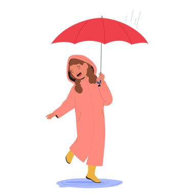 Şemsiyeli, yağmurluklu, lastik botlu, yağmurluğun altında dans eden, beyaz tenli sevimli kız çocuk çizgi film karakteri. Sonbahar vektör illüstrasyonunda yürüyen pozitif kadın çocuk.