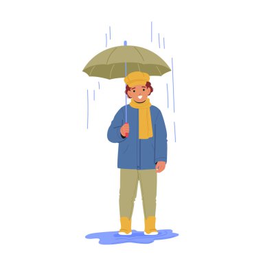 Yağmur damlaları altında şemsiye tutan yakışıklı çocuk karakteri duş duşu karikatürü çizimi. Islak hava için sonbahar kıyafetleri, mutlu masumiyet ve çocukluk konsepti.