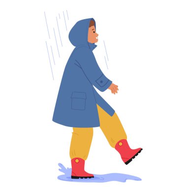 Yağmurluk giymiş, yağmurluğun altında yürüyen, beyaz arka planda izole edilmiş, şirin, kaygısız çocuk çizgi film karakteri. Komik erkek çocuk mevsimsel ıslak hava vektörü illüstrasyonundan hoşlanıyor