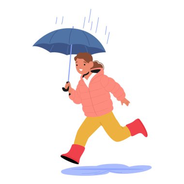 Küçük kız çocuk çizgi film karakteri, şemsiyesiyle su birikintisinde hızla koşuyor beyaz arka planda izole bir şekilde acele ediyor. Rastgele bir bayan çocuk yağmur vektörü çizimi altında dışarı çıkıyor.