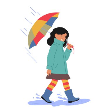 Düşünceli bir şekilde gülümseyen kız çizgi film karakteri şemsiyesi açık havada yürüyor su birikintisi vektör çizimi yapıyor beyaz arka planda izole edilmiş. Mutlu tatlı bayan çocuk Yağmurlu havanın tadını çıkarıyor