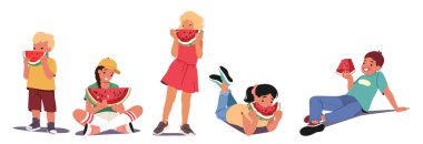 Komik, aç çocuklar çizgi film karakterleri karpuz dilimi yiyorlar mevsimlik meyve atıştırmalıkları yiyorlar izole edilmiş set. Neşeli erkek ve kız çocuklar tatlı organik tatlı vektör illüstrasyonuyla serinliyorlar.