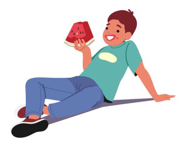 Küçük çocuk ağır yiyen çizgi film karakteri beyaz arka planda izole edilmiş olgun karpuz yaz meyvesi yiyor. Tatlı, aç erkek çocuk sağlıklı beslenmeyi seviyor, tatlı yiyecek vektör illüstrasyonu