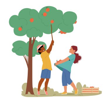 Erkek ve kız çocuklar çizgi film karakteri meyveleri topluyor olgun kayısıları dal dalları sahnesiyle deviriyor. Meyve bahçesinde hasat, çocuklar kırsal vektör illüstrasyonunda mevsimsel etkinlik