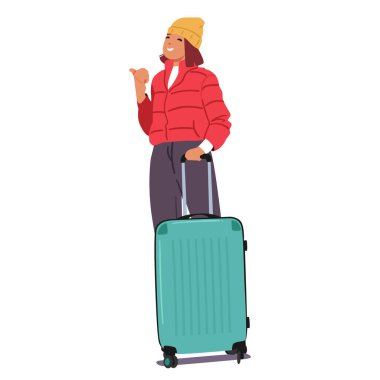 Genç kadın turist çizgi film karakteri sıcak kış kıyafetleri ve valiz çantasıyla dağ kayak merkezine tatile gitmeye hazır beyaz arka planda izole edilmiş tatil vektör çizimleri.