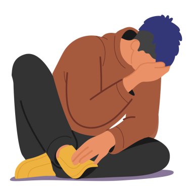 Düşünceli, hayal kırıklığına uğramış genç çocuk çizgi film karakteri beyaz arka planda kendini yalnız ve üzgün hissediyor. Genç vektör illüstrasyonunun zihinsel sağlık sorunu, depresyon ve davranış bozukluğu