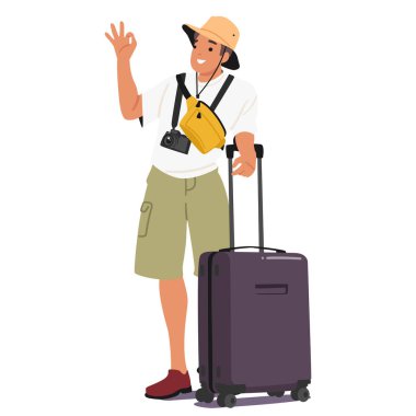 Bagaj çantalı mutlu turist, beyaz arka planda izole edilmiş el işareti ile tropikal tatil beldesine gitmeye hazır. Evrak çantalı bir adam tatil vektör çiziminde seyahat ediyor.