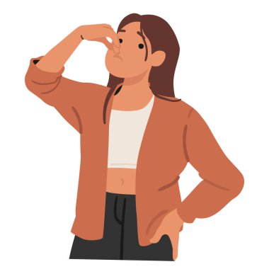 Genç kadın çizgi film karakteri kötü koku yüzünden tatminsiz hissediyor beyaz arka planda izole edilmiş burun portresi. Toksik koku, negatif duygu ve iğrenme vektörü çizimi