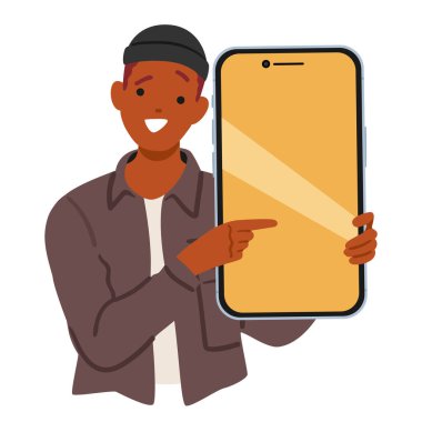 Genç adam çizgi film karakteri yeni bir teklif sunuyor ya da internette reklam yapıyor. Akıllı telefon boş ekranı işaret ediyor. Mobil uygulama veya satış vektörü illüstrasyonunu sunan heyecanlı adam