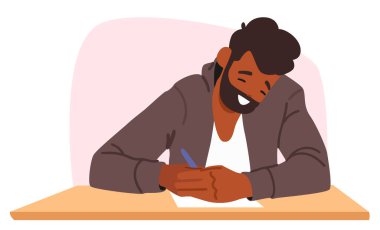 Genç öğrenci çizgi film karakteri sınav kağıdının doğru cevaplarını kapsıyor. Üniversite vektör illüstrasyonunda eğitim sürecinde yaratıcılığı aldatmak