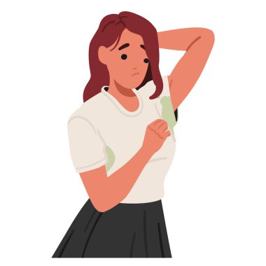 Mutsuz kadın çizgi film karakteri suratını buruşturuyor ıslak terli kıyafetlerden kötü kokular alıyor beyaz arka planda izole edilmiş koltukaltı portresi var. Isı vektör illüstrasyonundan dolayı kötü hijyen