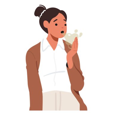 Genç kadın çizgi film karakteri, kötü kokulu beyaz ağızdan izole edilmiş portre ile sorun yaşıyor. Kadın çizgi film karakteri ağız kokusu semptomlarından muzdarip solunum vektörü çizimi