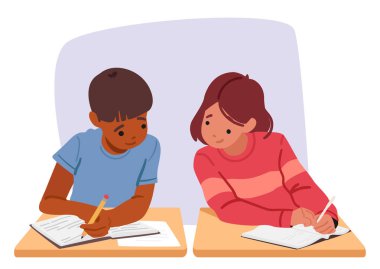 Sınıf arkadaşları sınav karikatür sahnesinde kopya kağıdı kullanıyorlar. Sınav kağıdını silen sınıf arkadaşları vektör illüstrasyonuyla birlikte. Okul konseptine dönelim.