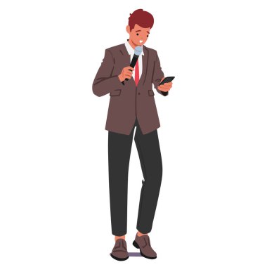 Yakışıklı, iyi giyimli, çizgi film karakteri, beyaza izole edilmiş bir şekilde mikrofon başında yarışma programında soru soruyor. Entellektüel meydan okuma eğlence şovmeni vektör illüstrasyonu