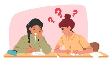 Sınavda kopya çeken kız öğrenci zeki inek kız sınıf arkadaşı karikatür sahnesinden cevapları aldı. Gençlik öğrencileri, yaratıcılıklarını farklı bir bilişsel vektör illüstrasyonuyla kanıtlayan sınavlar yazıyorlar.