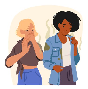 Sokaktan geçen kadın vektör illüstrasyonunda kötü kokan kirli ve terli kıyafetlerden tiksinen bir kadın. Hijyen ve cilt bakımı sorunu, açık havada korkunç bir durum.