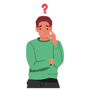 Düşünceli adam çizgi film karakteri düşünme sorunu çözme üzerine yoğunlaşmıştı. Çözüm süreci beyazın izole edilmiş portresi. Yaratıcı erkek kişilik oluşturma planı seçim vektörü illüstrasyonu yapıyor