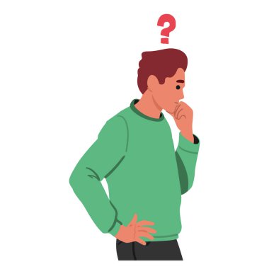 Düşünceli, hayal kırıklığına uğramış, karikatür karakteri beyaz üzerine izole edilmiş bir portre yapmaya karar veriyor ve planlıyor. Derin konsantrasyon vektör illüstrasyonunda çenesini kaşıyan düşünceli bir adam.