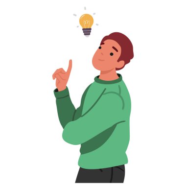 Mutlu gülümseyen adam çizgi film karakteri ilham alıyor beyaz arka planda izole edilmiş iyi bir fikir buluyor. Hevesli adam parmak göstererek ampul vektör illüstrasyonunu işaret ediyor.