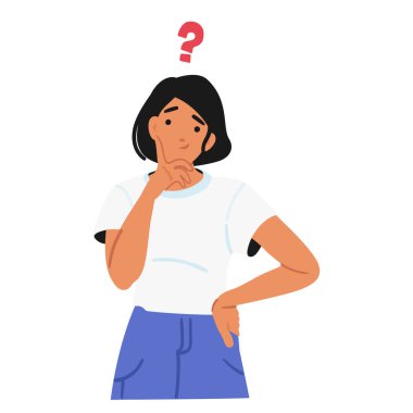 Kafası karışmış genç kadın çizgi film karakteri arama çözümü beyaz arka planda izole edilmiş kafasında soru işareti olan çeneye dokunuyor. Kafası karışmış kadın vektör çiziminin portresi