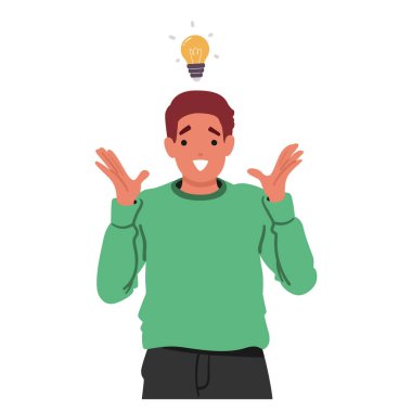 Duygusal keyifli genç adam çizgi film karakteri. Ampul bulma çözümü ve heyecan ve tatmini ifade eden harika bir fikir. Beyaz arka planda izole edilmiş portre çizimi.