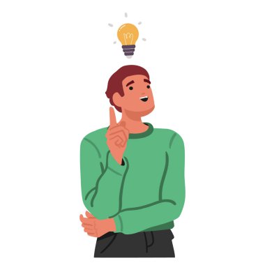 Heyecanlı erkek çizgi film karakteri duygusal jestleri parlak fikirli, beyaz arka planda izole edilmiş portresi var. Baş vektör illüstrasyonunun üzerinde ampulle duran pozitif dışavurumcu adam.