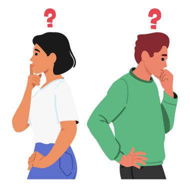 Genç kuşkucu erkek ve kadın çizgi film karakterleri problem çözme üzerine kafa yorarken karar yanlı bakış açısı birbirlerine vektör illüstrasyonuna döndü. İnsanların vücut dili ve duygusal tepkileri