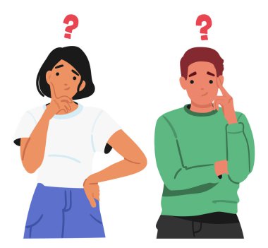 Genç erkek ve kadın çizgi film karakterleri yanaklarına dokunarak karar vermekte zorlandıklarını düşünürler. Belirsiz bir yanlış anlaşılma olduğunu düşünürler.