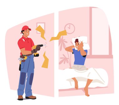Mutsuz genç öğrenci, komşu apartman dairesinin karikatür sahnesinde duvarları delen tamirci yüzünden yastıkla kulaklarını kapatıyor. Kötü mahalle, nahoş durum vektör çizimi