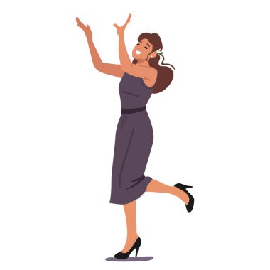 Neşeli genç kadın nedime karakteri şık bir şenlik elbisesi giyip beyaz arka planda izole edilmiş gelin buketini yakalamak için elini kaldırıyor. Evlilik partisi kadın konuk vektör illüstrasyonu